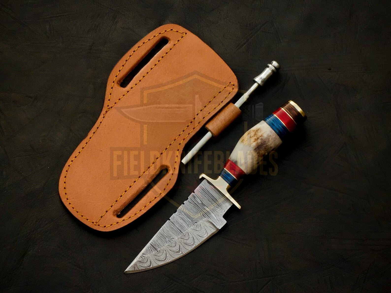 Personalized 6 inch Damascus Steel Hunting knife Handle Deer Antler W leather Cover