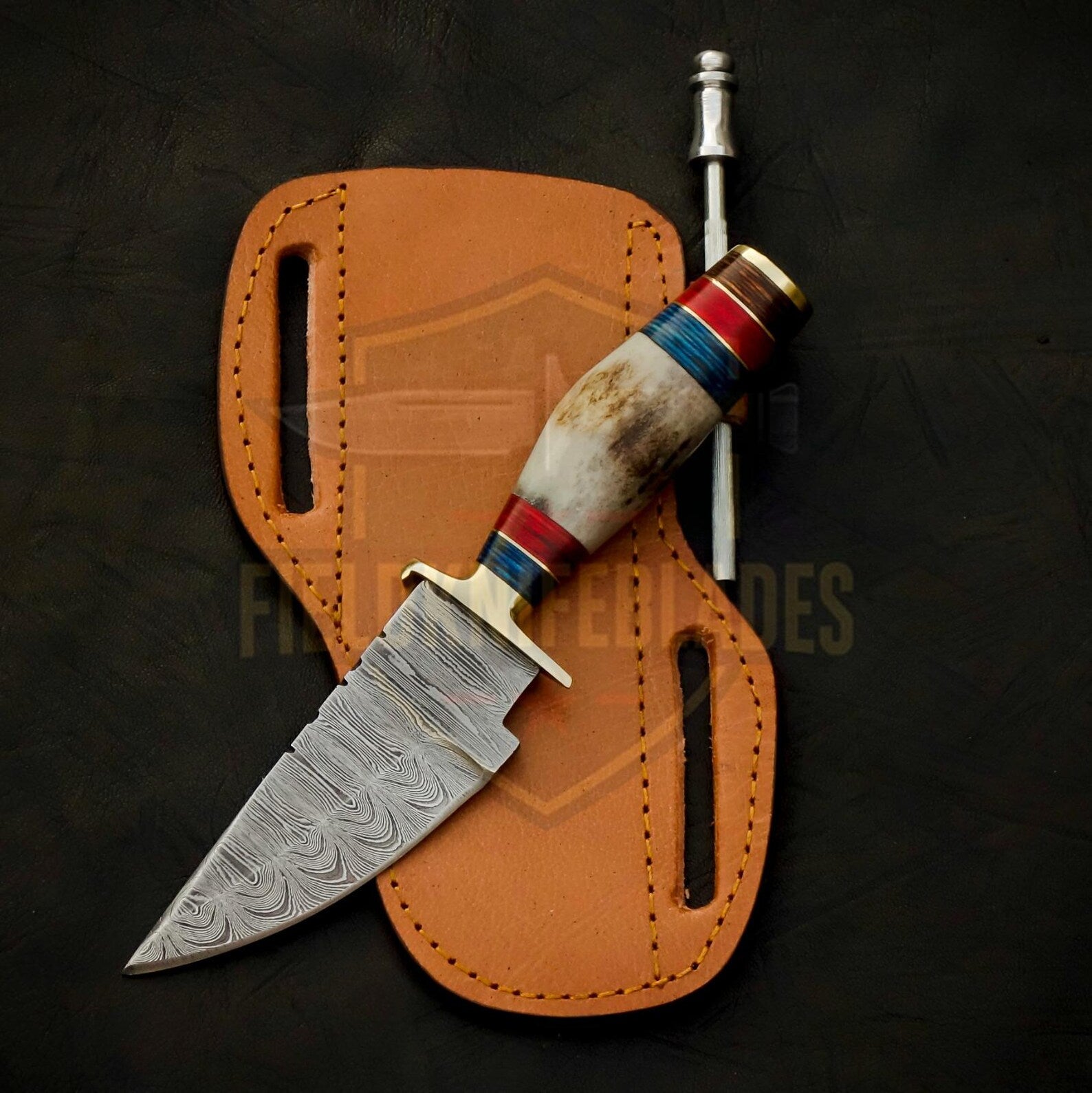 Personalized 6 inch Damascus Steel Hunting knife Handle Deer Antler W leather Cover
