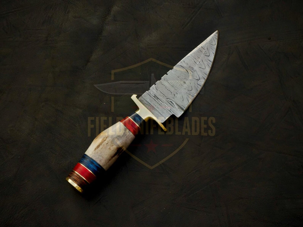 Personalized 6 inch Damascus Steel Hunting knife Handle Deer Antler W leather Cover