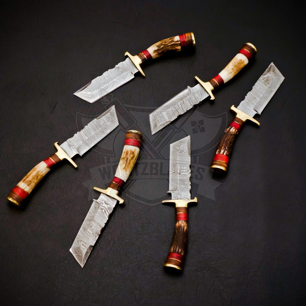 Personalized Set for Groomsmen Damascus Steel Hunting Tanto knife Handle Deer Antler