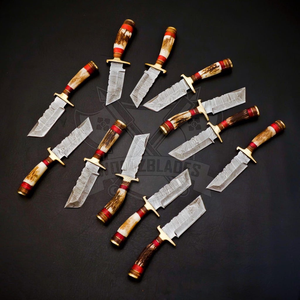 Personalized Set for Groomsmen Damascus Steel Hunting Tanto knife Handle Deer Antler