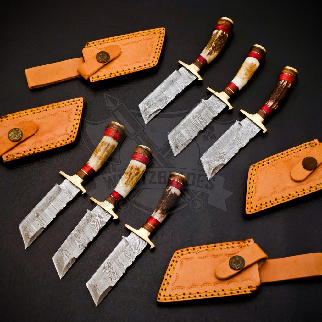 Personalized Set for Groomsmen Damascus Steel Hunting Tanto knife Handle Deer Antler