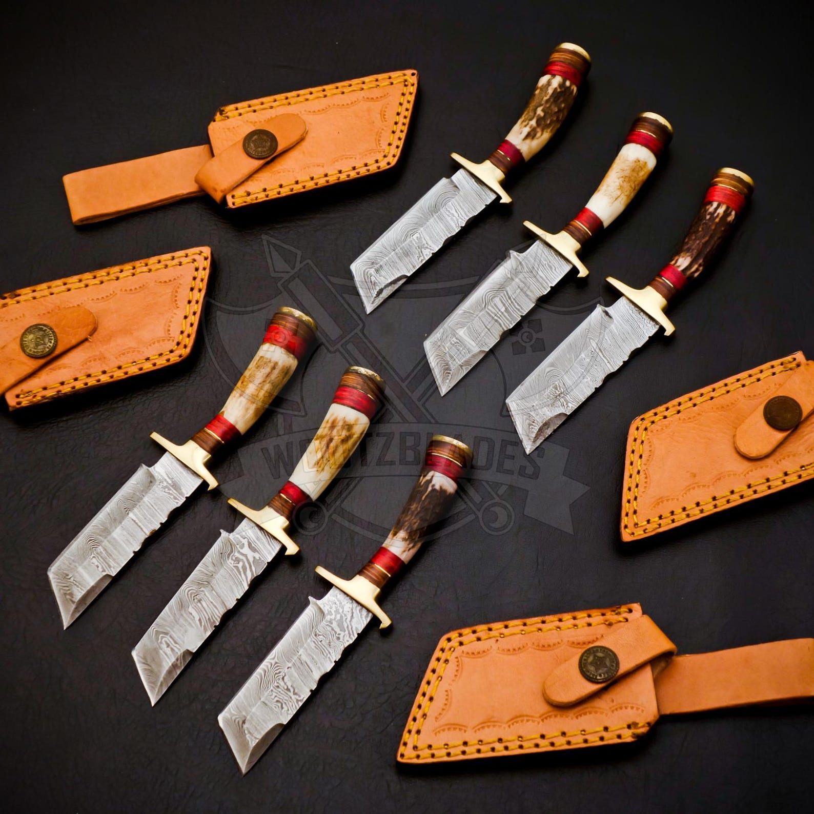 Personalized Set for Groomsmen Damascus Steel Hunting Tanto knife Handle Deer Antler