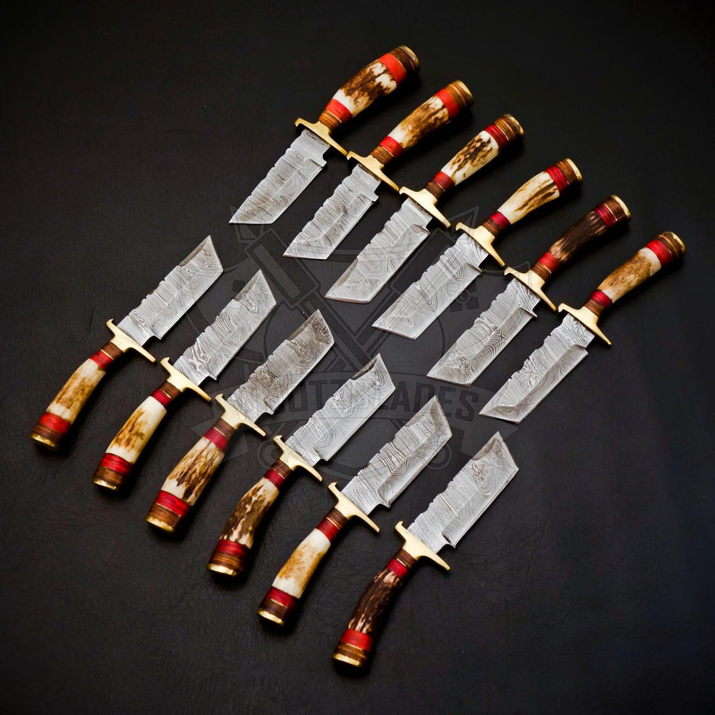 Personalized Set for Groomsmen Damascus Steel Hunting Tanto knife Handle Deer Antler
