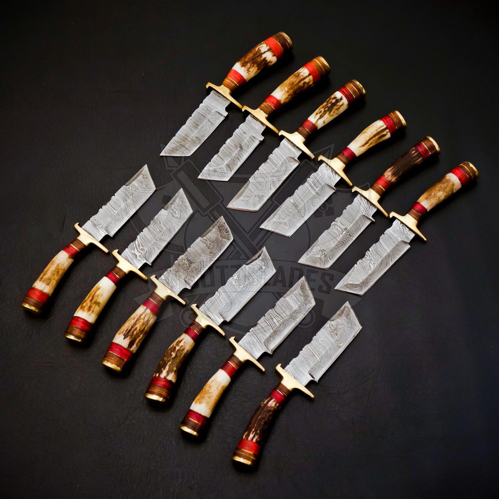 Personalized Set for Groomsmen Damascus Steel Hunting Tanto knife Handle Deer Antler