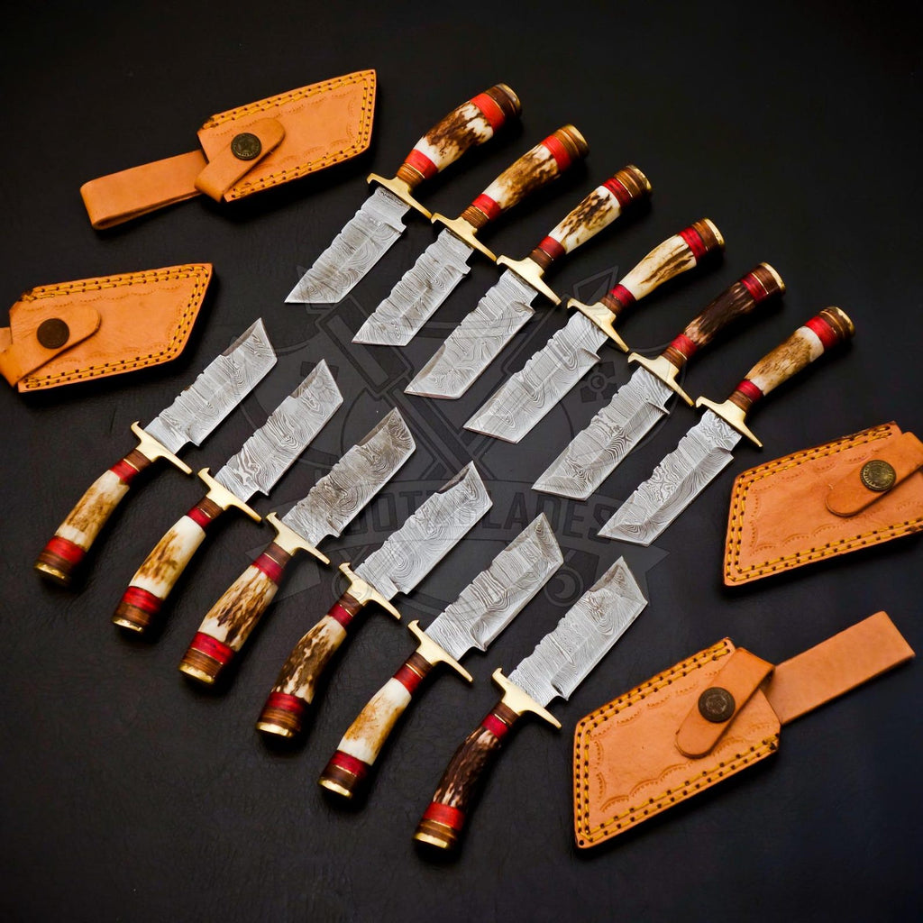Personalized Set for Groomsmen Damascus Steel Hunting Tanto knife Handle Deer Antler