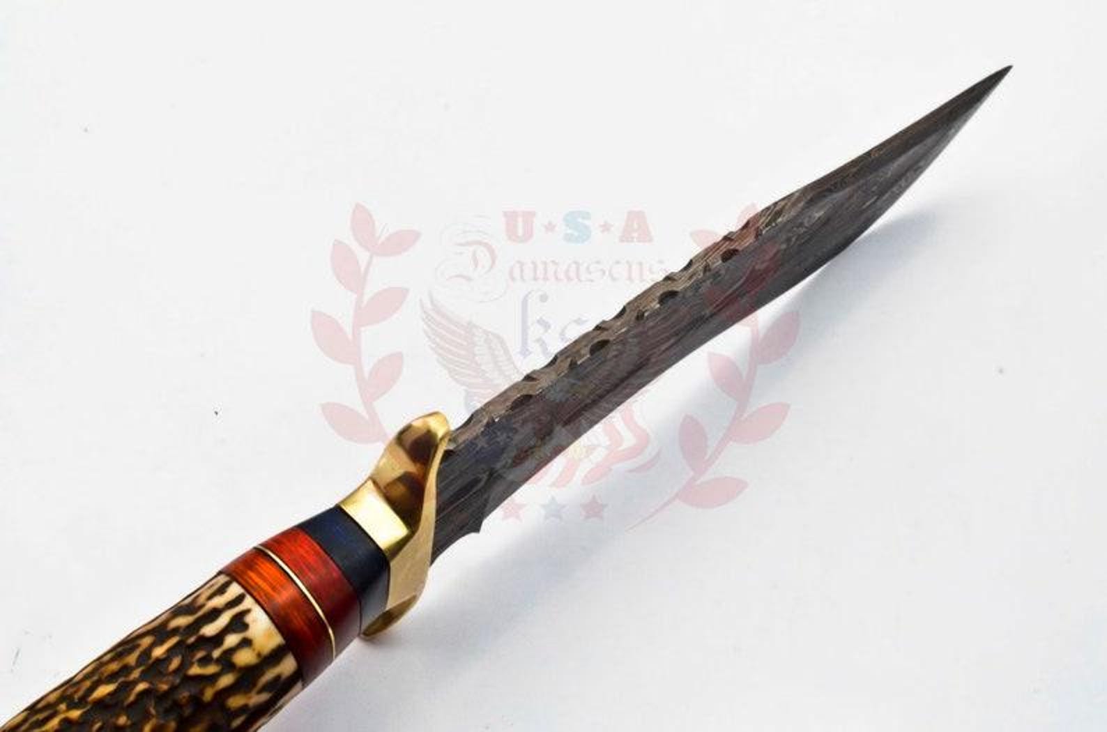 Personalized 10 inch Damascus Steel Hunting knife Handle Deer Antler W leather Cover