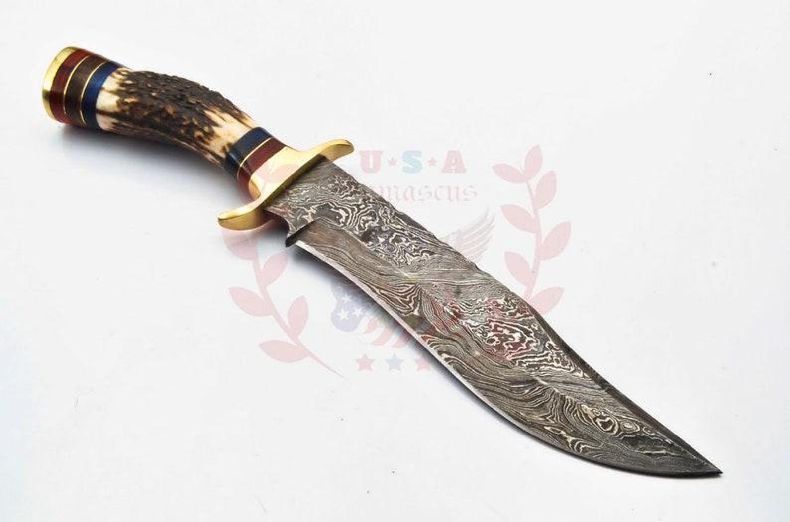 Personalized 10 inch Damascus Steel Hunting knife Handle Deer Antler W leather Cover