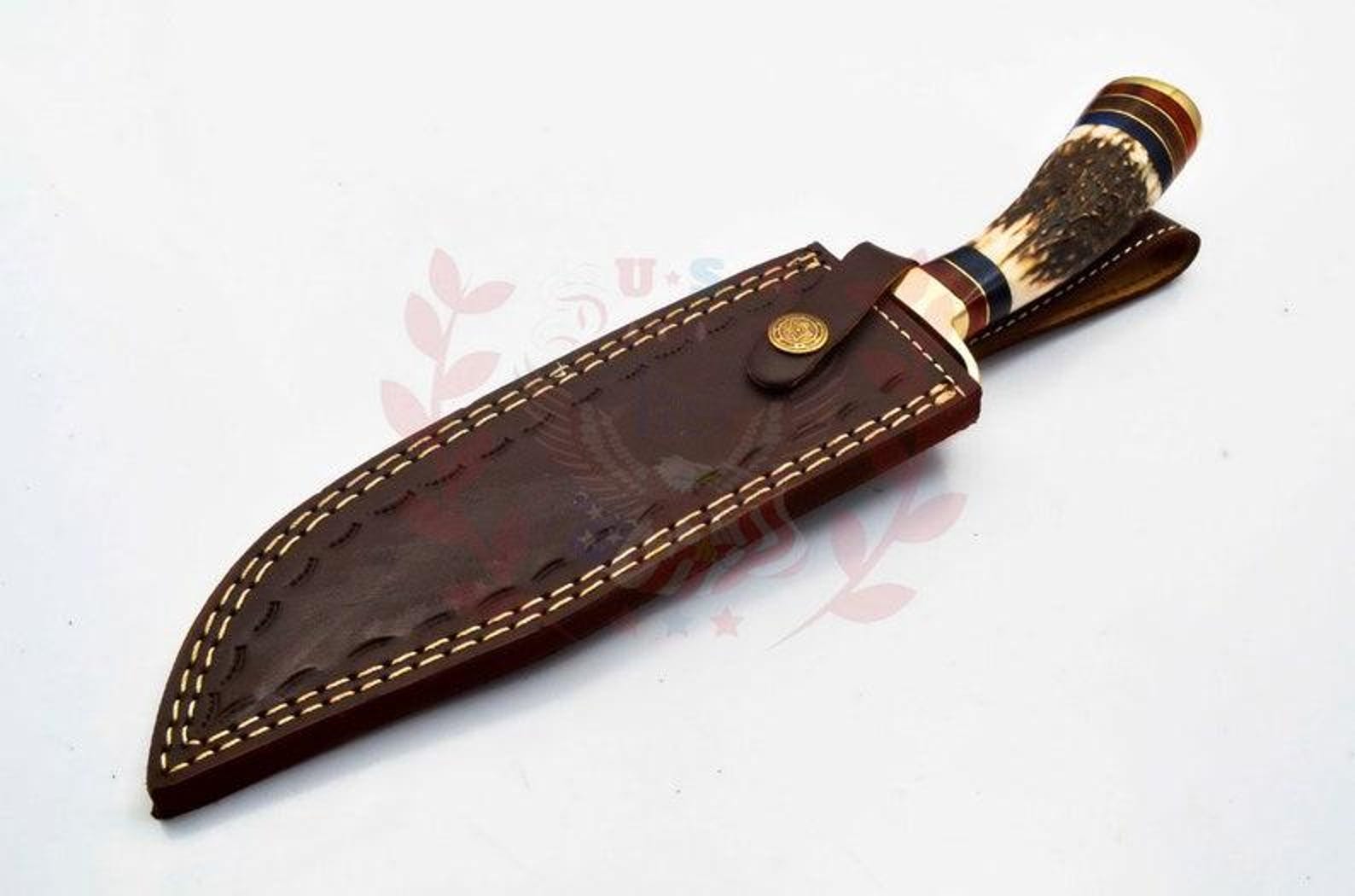 Personalized 10 inch Damascus Steel Hunting knife Handle Deer Antler W leather Cover