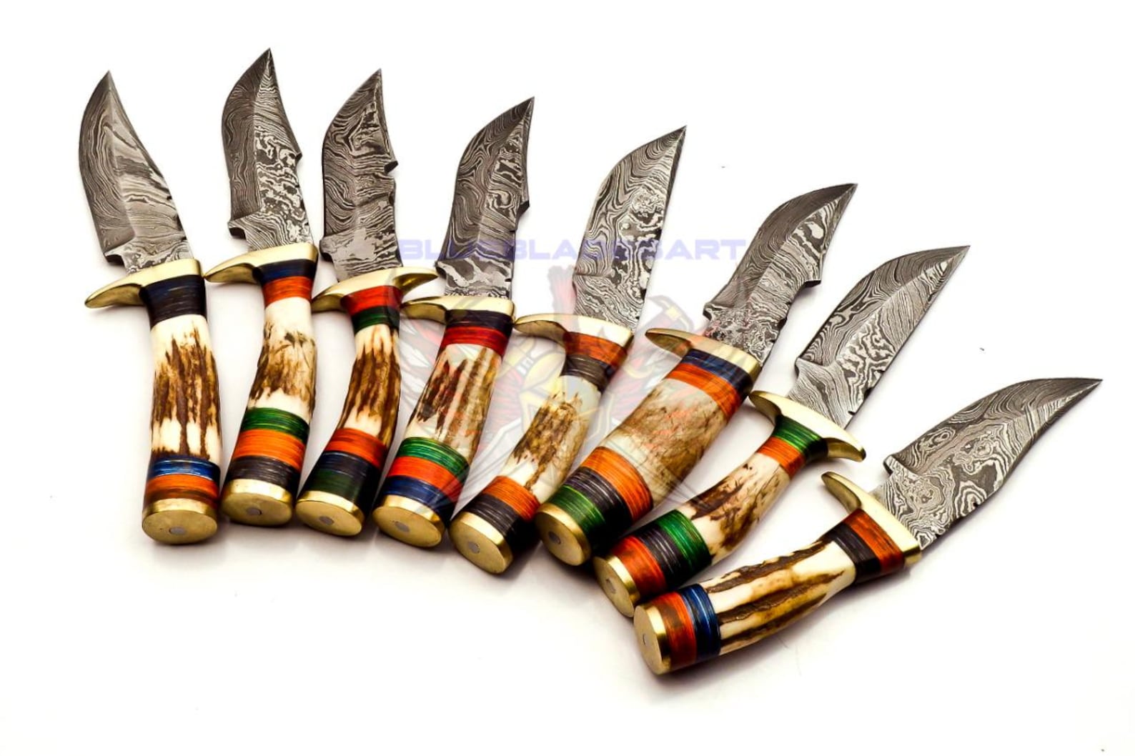 Personalized Set of 8 Groomsmen Damascus Steel Hunting Knife Handle Deer Antler