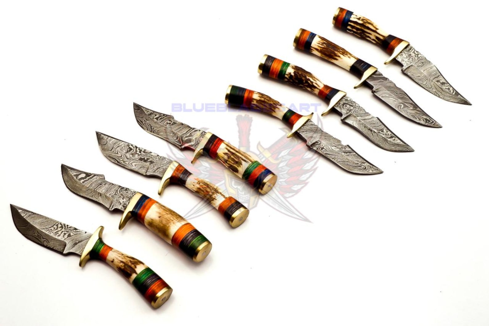 Personalized Set of 8 Groomsmen Damascus Steel Hunting Knife Handle Deer Antler