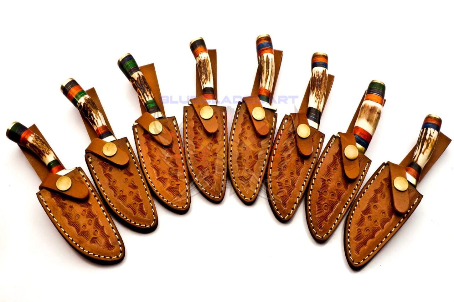 Personalized Set of 8 Groomsmen Damascus Steel Hunting Knife Handle Deer Antler