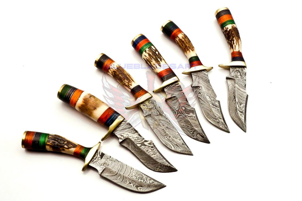 Personalized Set of 6 Groomsmen Damascus Steel Hunting Knife Handle Deer Antler