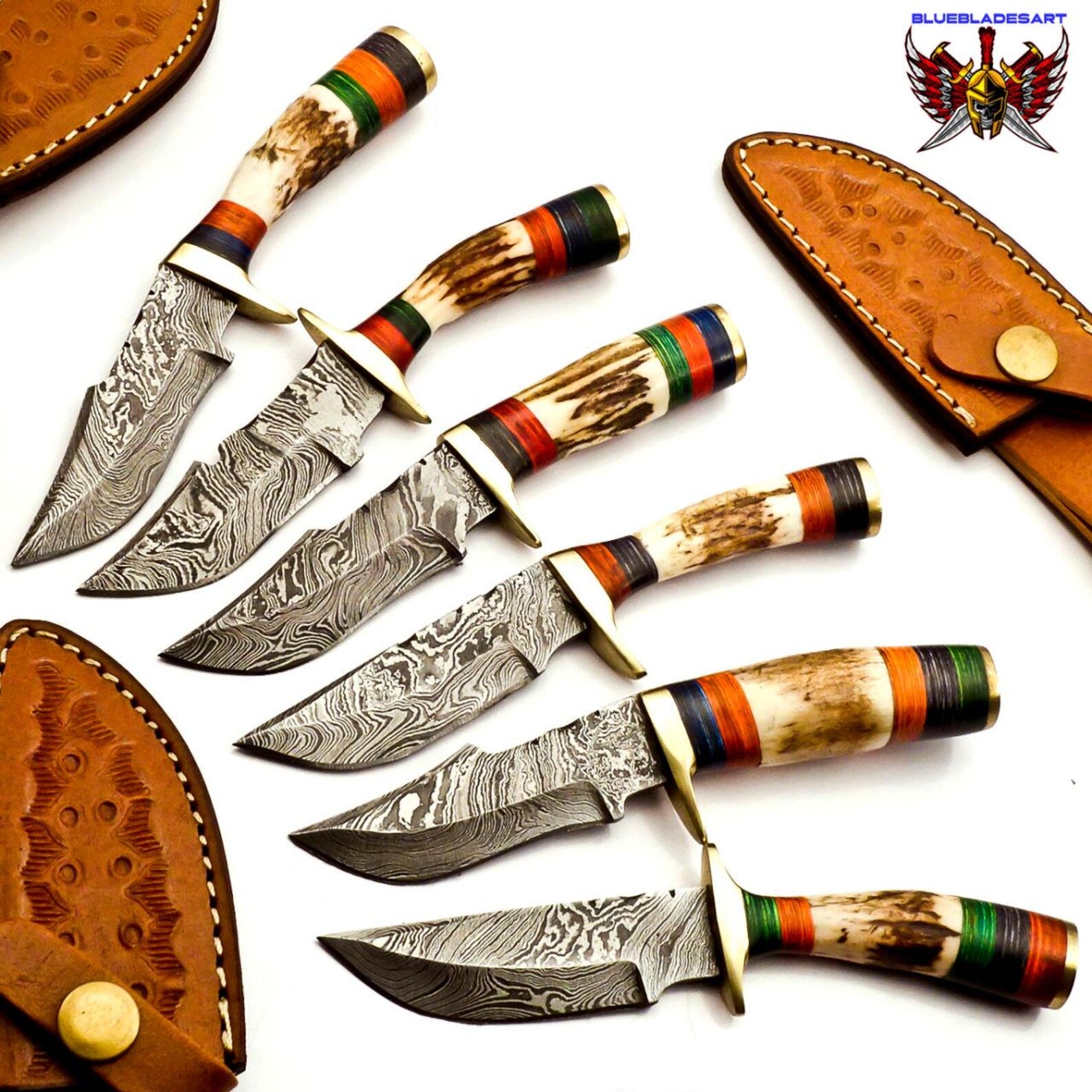 Personalized Set of 6 Groomsmen Damascus Steel Hunting Knife Handle Deer Antler