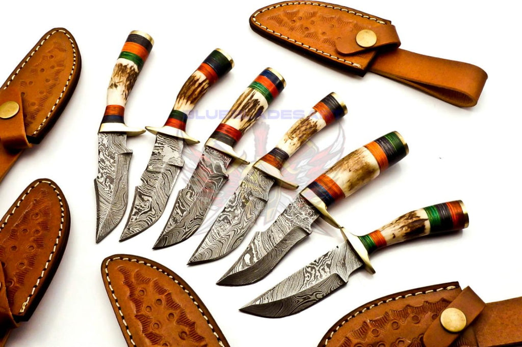 Personalized Set of 6 Groomsmen Damascus Steel Hunting Knife Handle Deer Antler