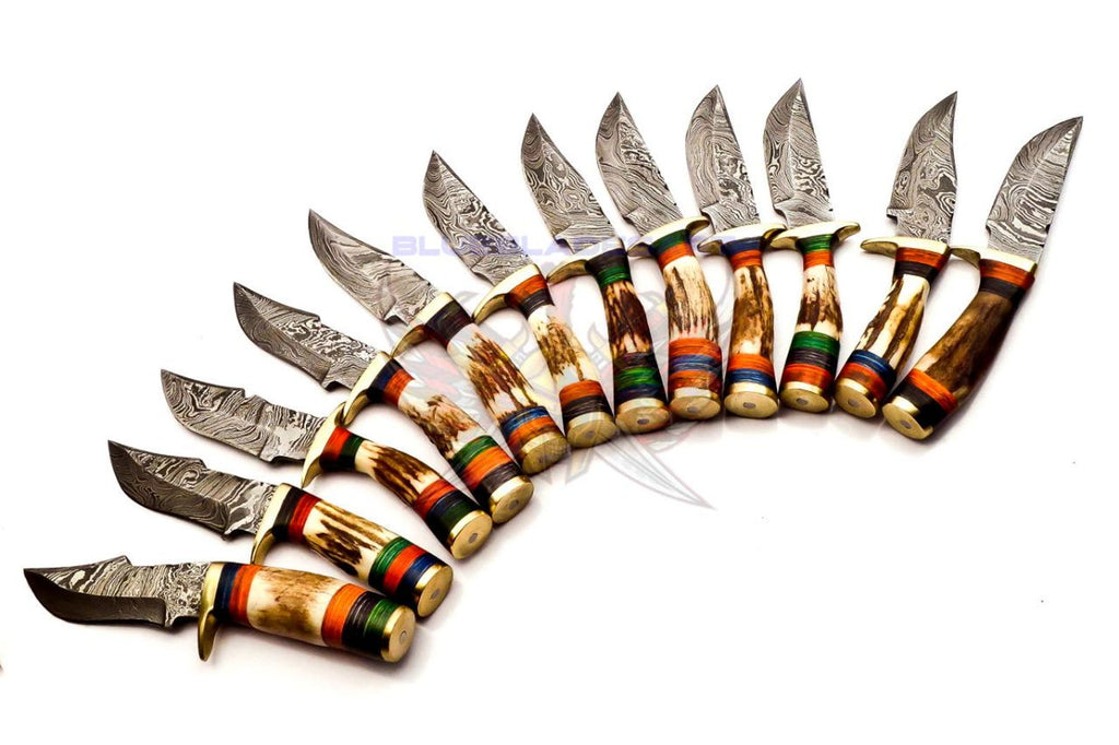 Personalized Set of 9 Groomsmen Damascus Steel Hunting Knife Handle Deer Antler