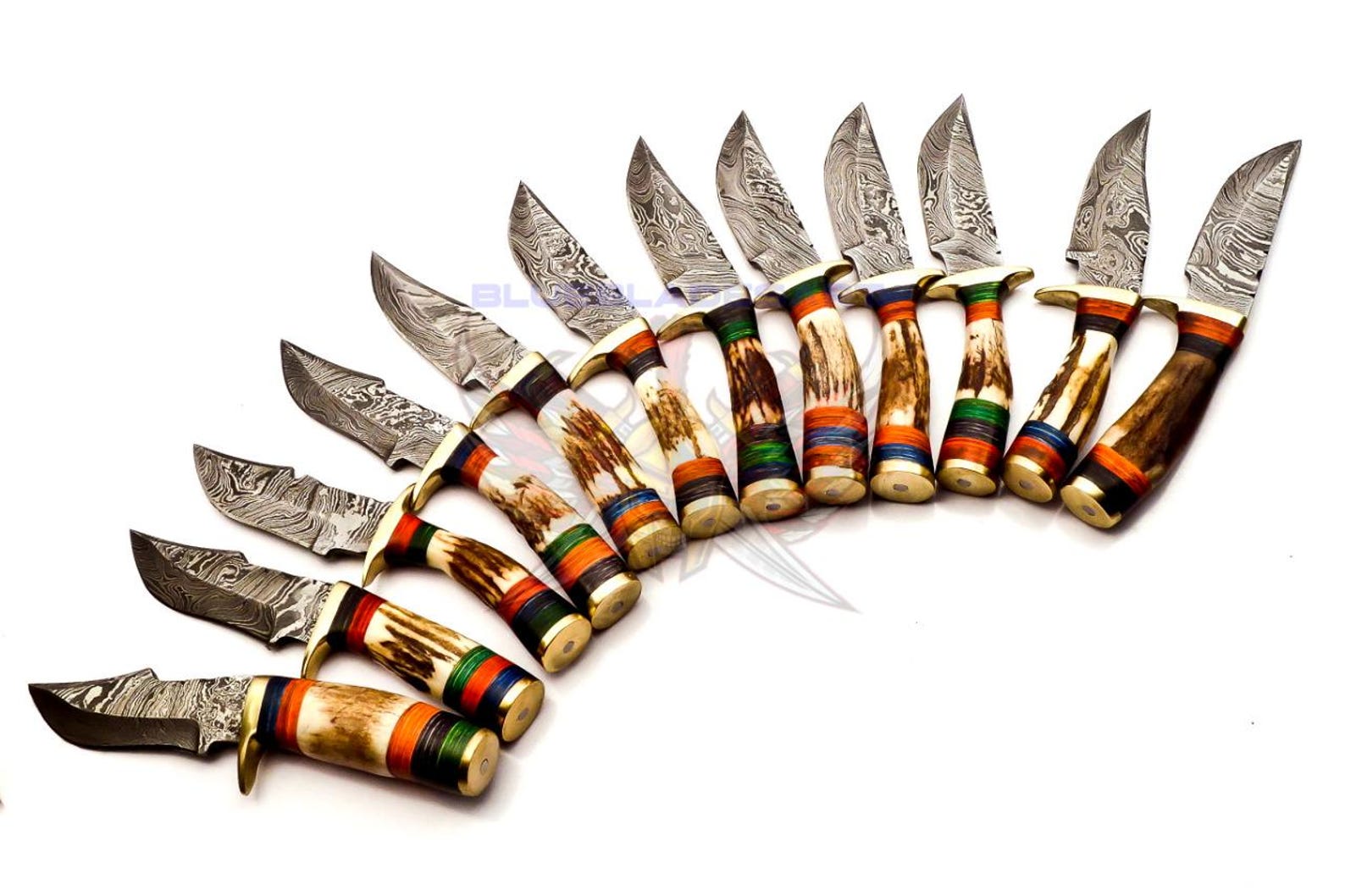 Personalized Set of 9 Groomsmen Damascus Steel Hunting Knife Handle Deer Antler