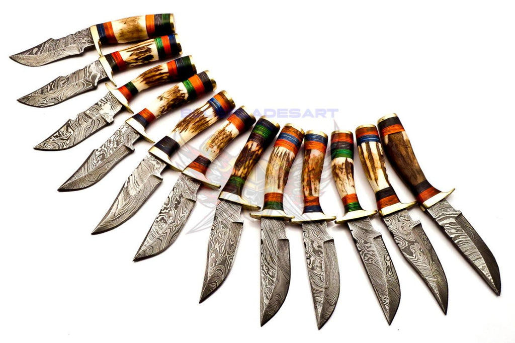 Personalized Set of 9 Groomsmen Damascus Steel Hunting Knife Handle Deer Antler