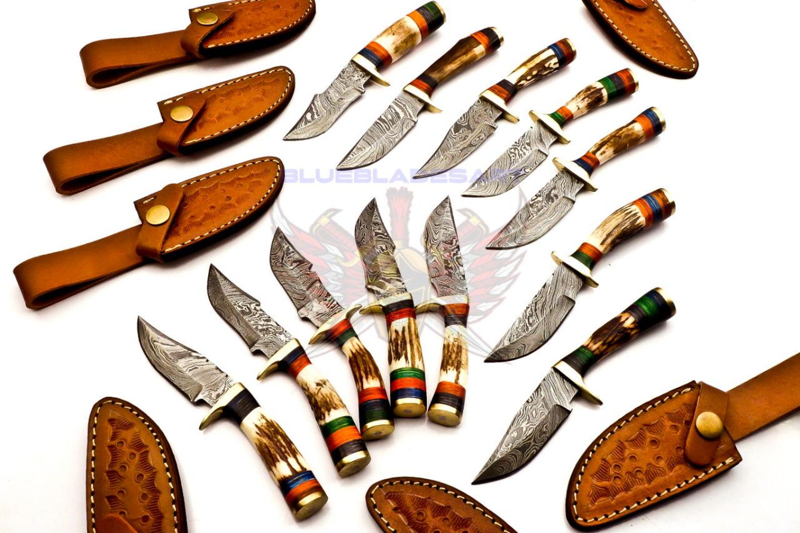 Personalized Set of 9 Groomsmen Damascus Steel Hunting Knife Handle Deer Antler