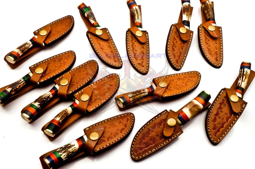 Personalized Set of 9 Groomsmen Damascus Steel Hunting Knife Handle Deer Antler