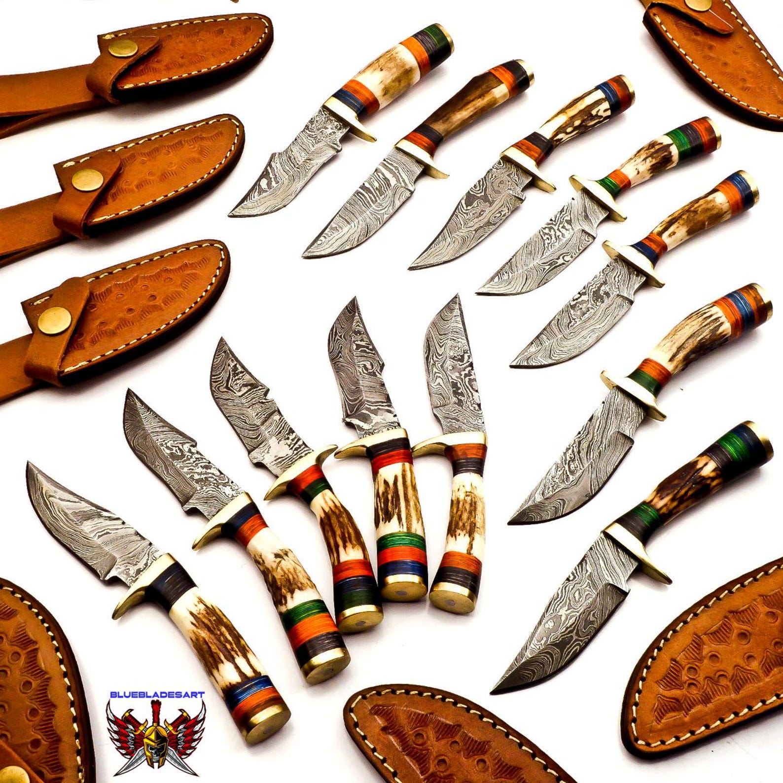 Personalized Set of 9 Groomsmen Damascus Steel Hunting Knife Handle Deer Antler