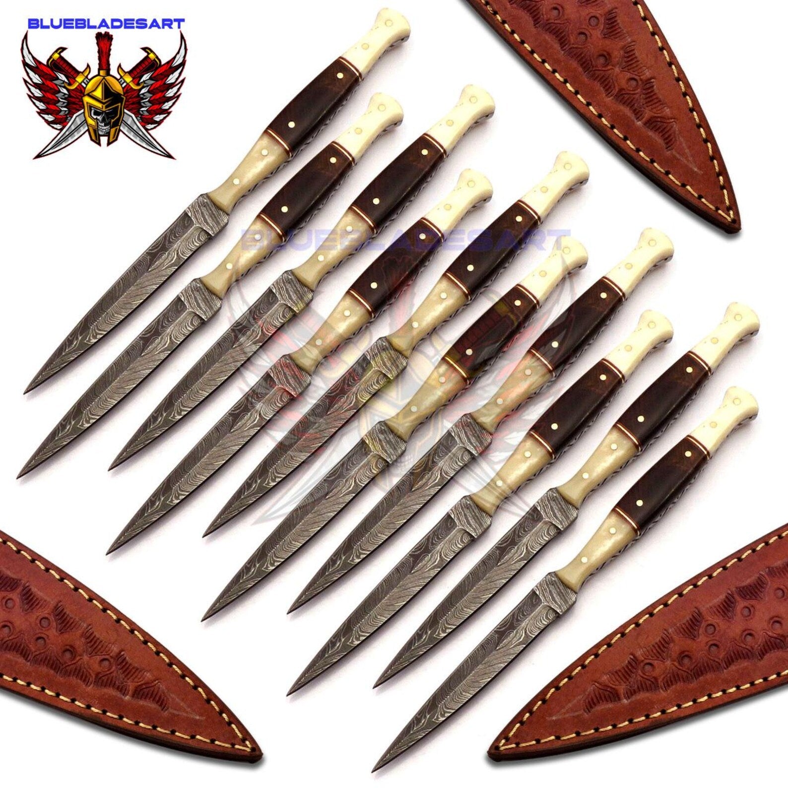 Personalized Set for Groomsmen Damascus Steel Hunting knife boot knife Handle made of Wood and Bone Weeding Gift