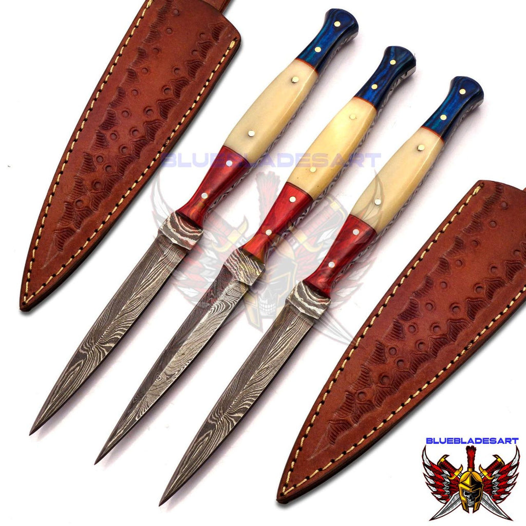 Personalized Set for Groomsmen Damascus Steel Hunting knife boot knife Handle made of Wood and Bone Weeding Gift