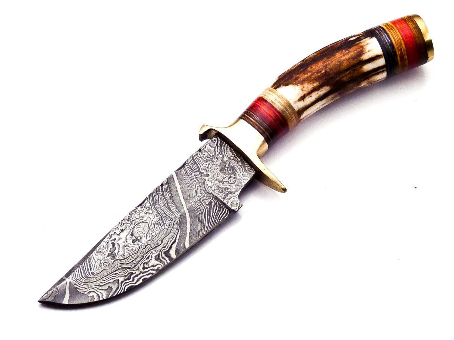 Personalized 6.5 inch Damascus Steel Hunting knife Handle Deer Antler W leather Cover