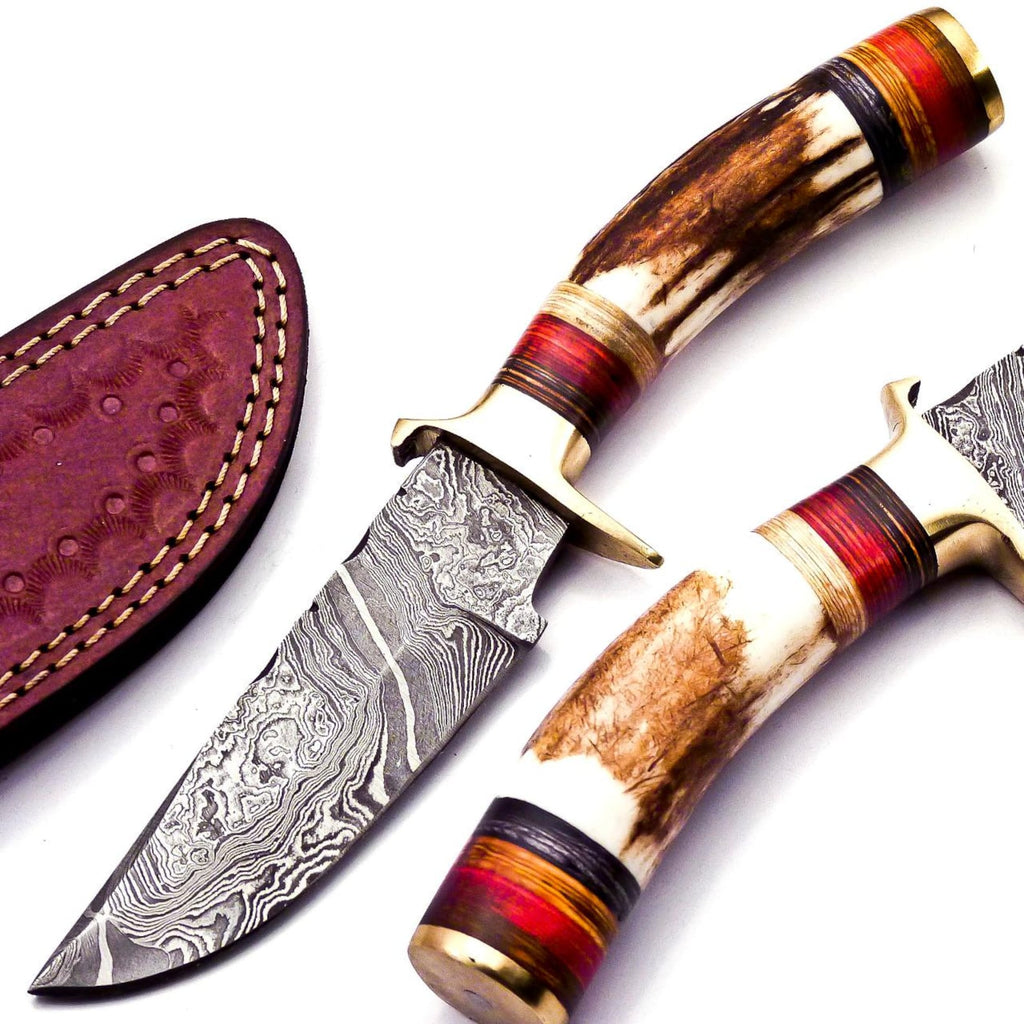 Personalized 6.5 inch Damascus Steel Hunting knife Handle Deer Antler W leather Cover