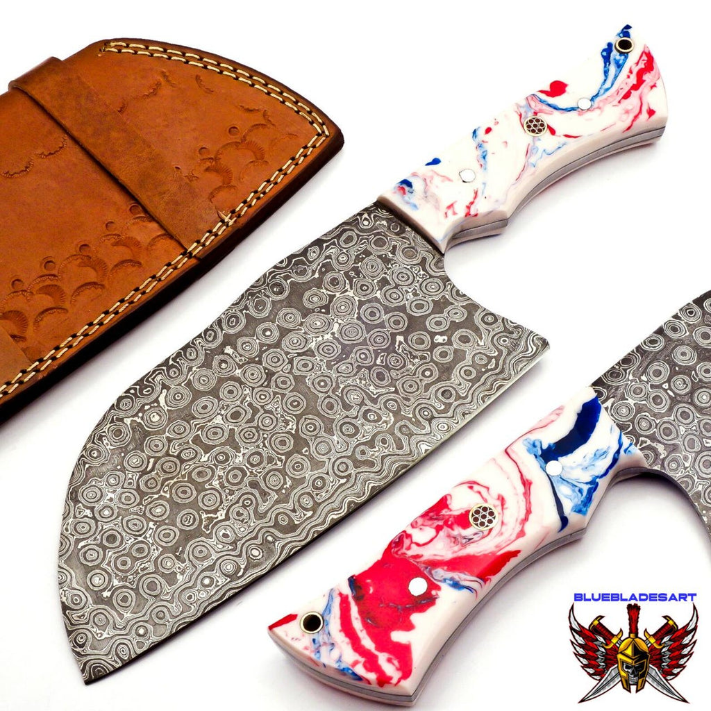 Personalized Carbon Steel Chef Kitchen Cleaver Knife Chef Knife Heavy Duty Handle Made of Resin with Leather Sheath