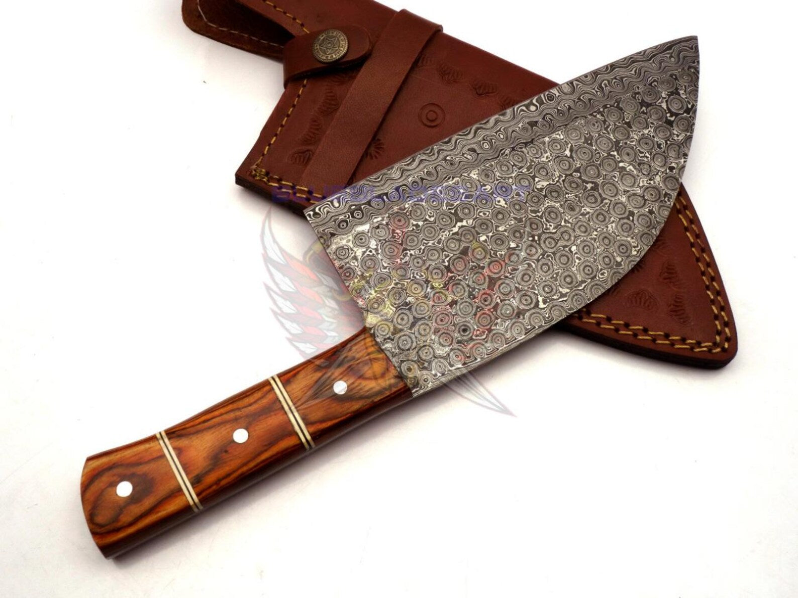 Personalized Damascus Steel Cleaver Chopper Chef Kitchen Knife Heavy Duty Damascus Handle Walnut Wood with Leather Sheath