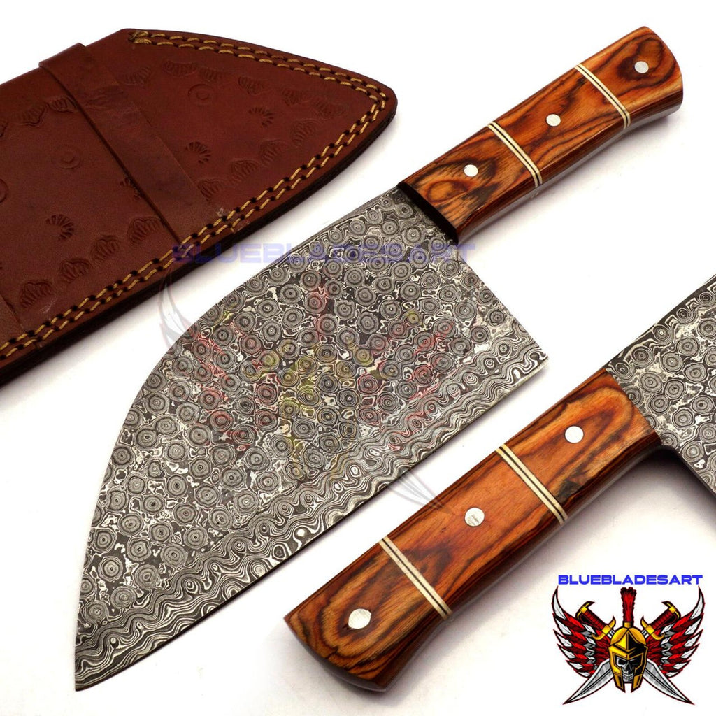 Personalized Damascus Steel Cleaver Chopper Chef Kitchen Knife Heavy Duty Damascus Handle Walnut Wood with Leather Sheath
