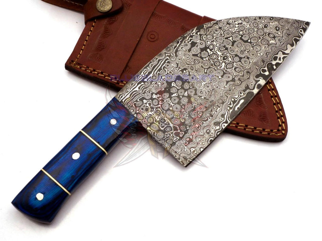 Personalized Damascus Steel Cleaver Chopper Chef Kitchen Knife Heavy Duty Damascus Handle Walnut Wood with Leather Sheath