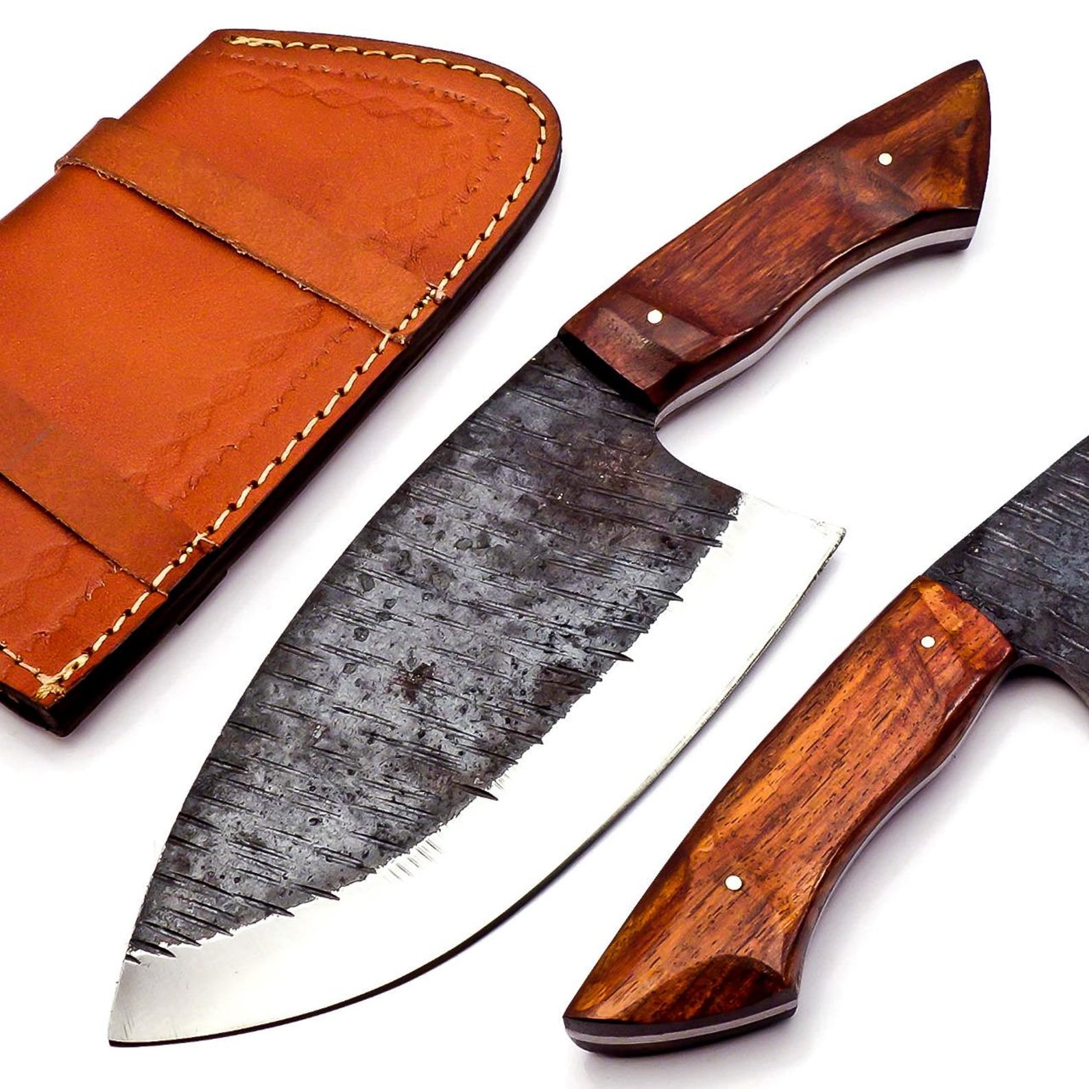 SDPersonalized Carbon Steel Chef Kitchen Cleaver Knife Chef Knife Heavy Duty Handle Rose Wood with Leather Sheath