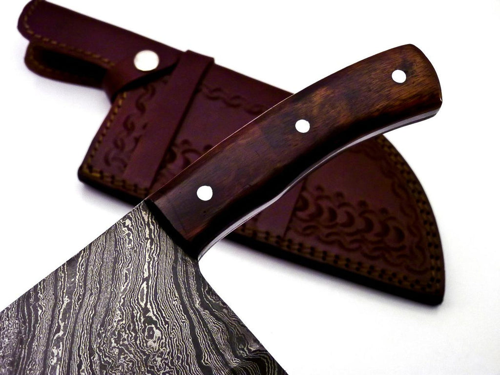 Personalized Damascus Steel Cleaver Chopper Chef Kitchen Knife Heavy Duty Damascus Handle Walnut Wood with Leather Sheath