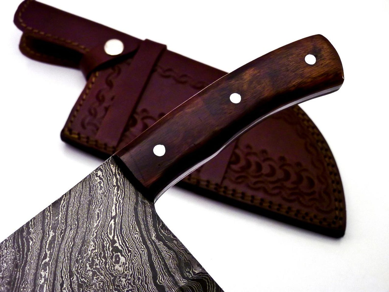 Personalized Damascus Steel Cleaver Chopper Chef Kitchen Knife Heavy Duty Damascus Handle Walnut Wood with Leather Sheath