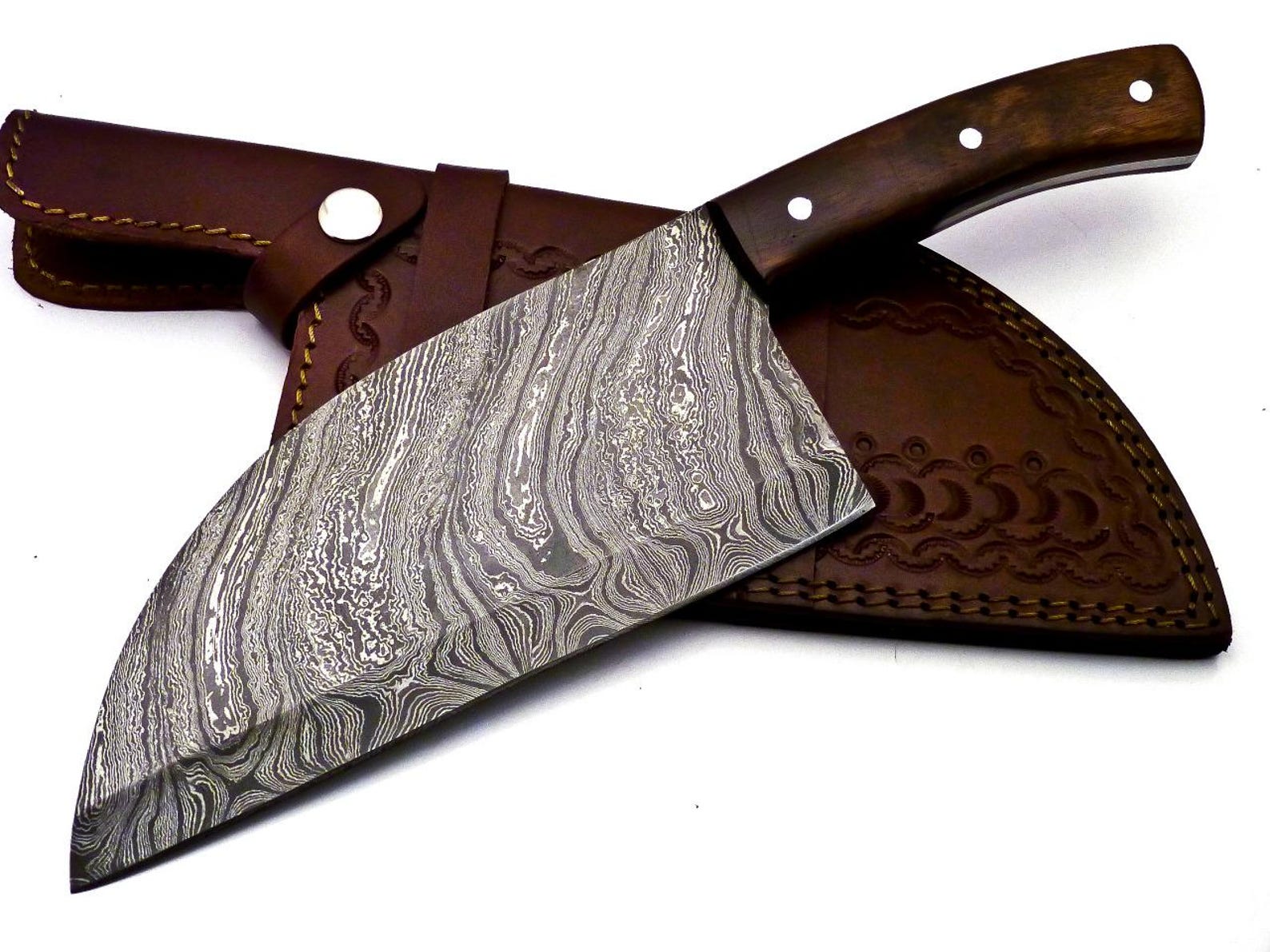 Personalized Damascus Steel Cleaver Chopper Chef Kitchen Knife Heavy Duty Damascus Handle Walnut Wood with Leather Sheath