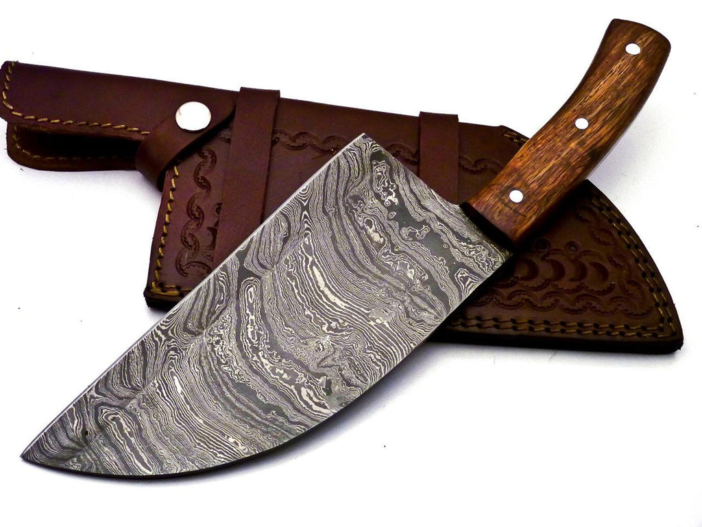 Personalized Damascus Steel Cleaver Chopper Chef Kitchen Knife Heavy Duty Damascus Handle Walnut Wood with Leather Sheath