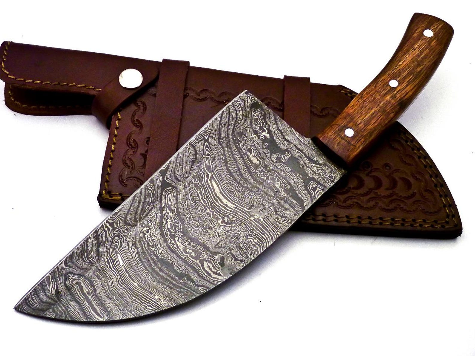 Personalized Damascus Steel Cleaver Chopper Chef Kitchen Knife Heavy Duty Damascus Handle Walnut Wood with Leather Sheath