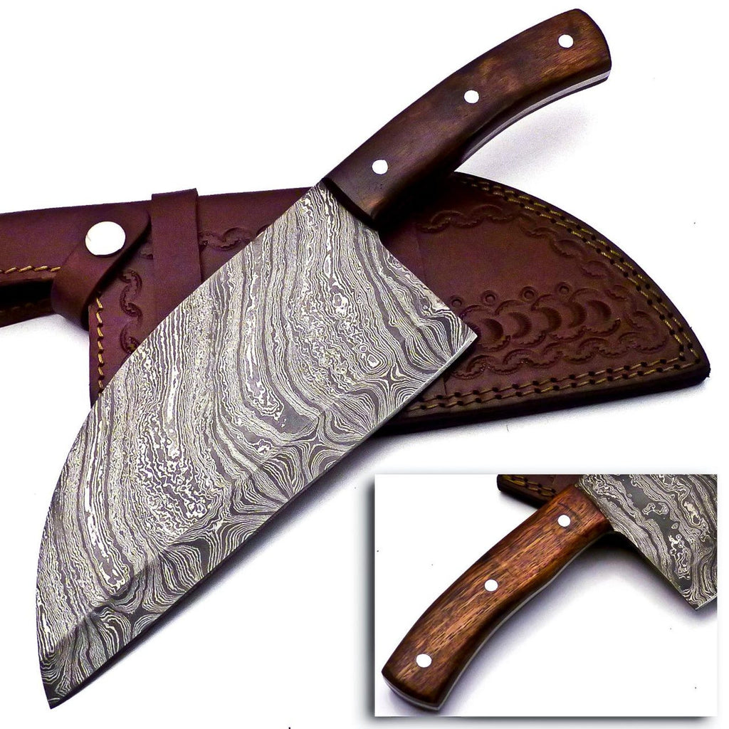 Personalized Damascus Steel Cleaver Chopper Chef Kitchen Knife Heavy Duty Damascus Handle Walnut Wood with Leather Sheath
