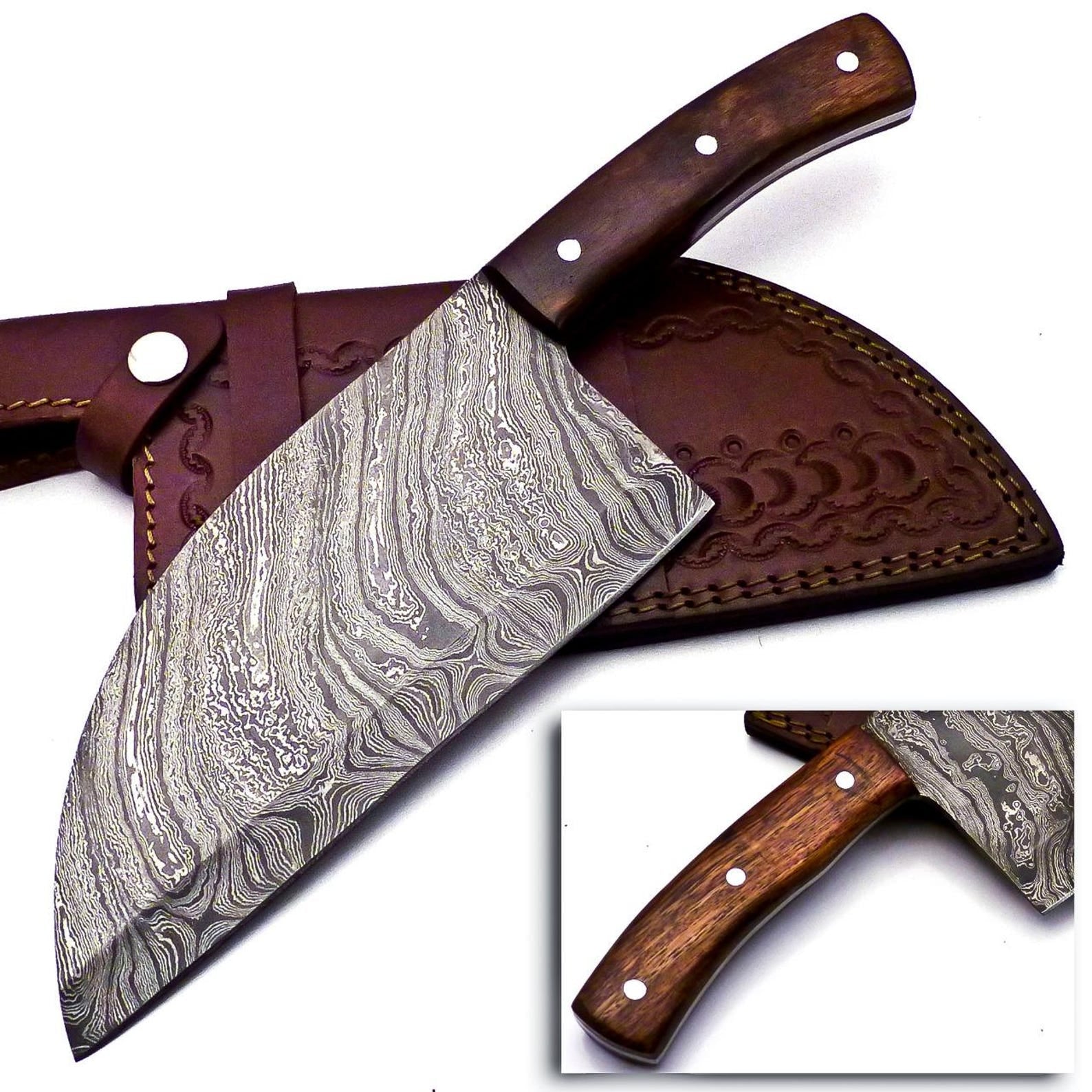Personalized Damascus Steel Cleaver Chopper Chef Kitchen Knife Heavy Duty Damascus Handle Walnut Wood with Leather Sheath