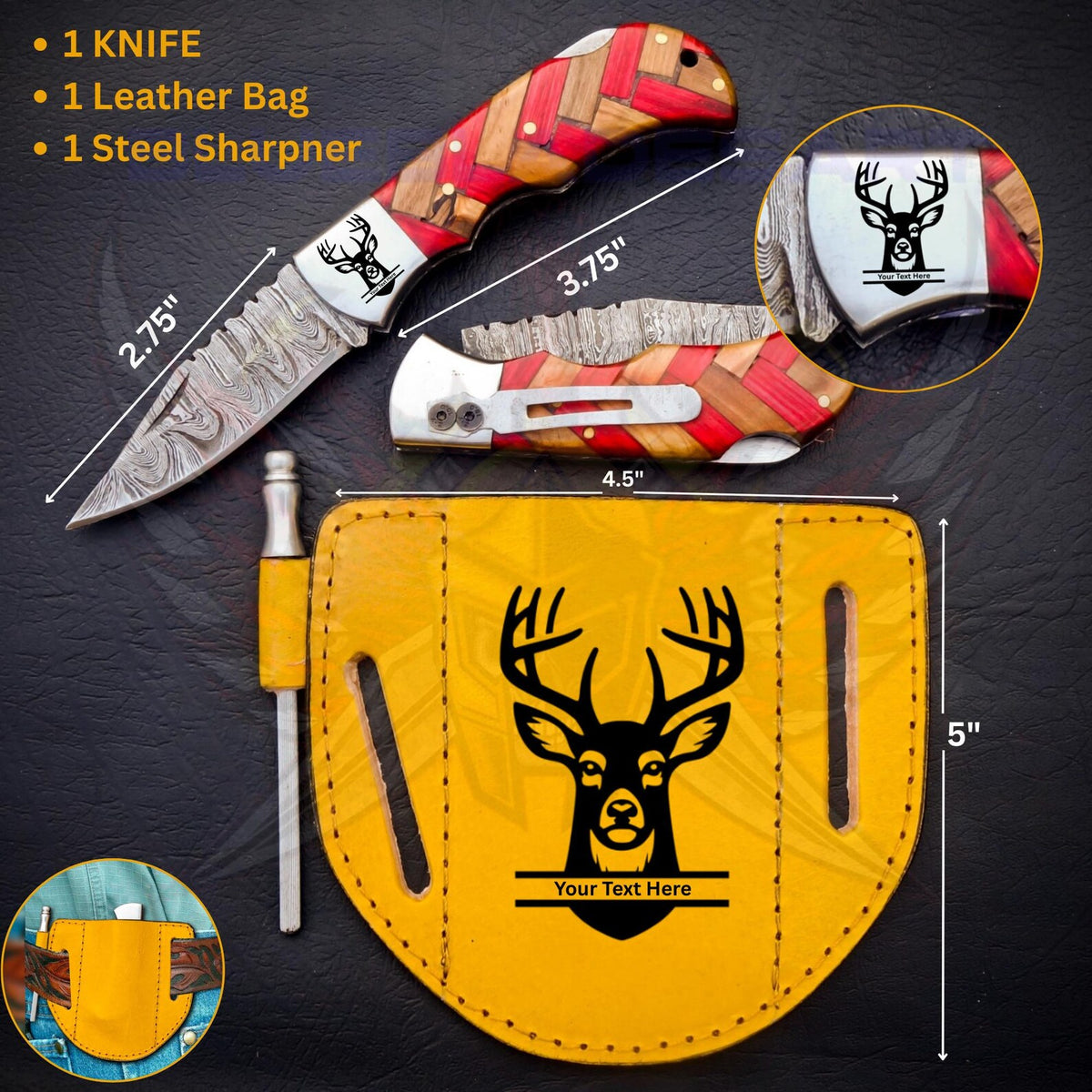 Handmade Damascus Pocket Knife Folding Knife comes with a knife sharpener, Gift For Groomsmen, Wedding Gift knife, Gift for Groom