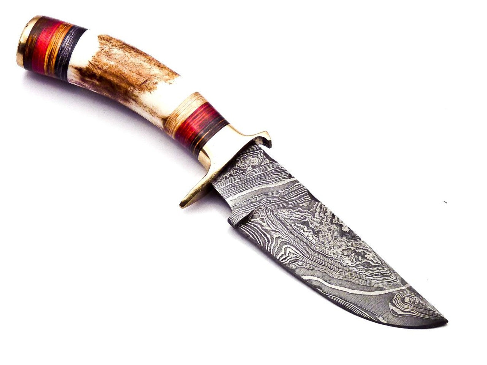 Personalized 6.5 inch Damascus Steel Hunting knife Handle Deer Antler W leather Cover