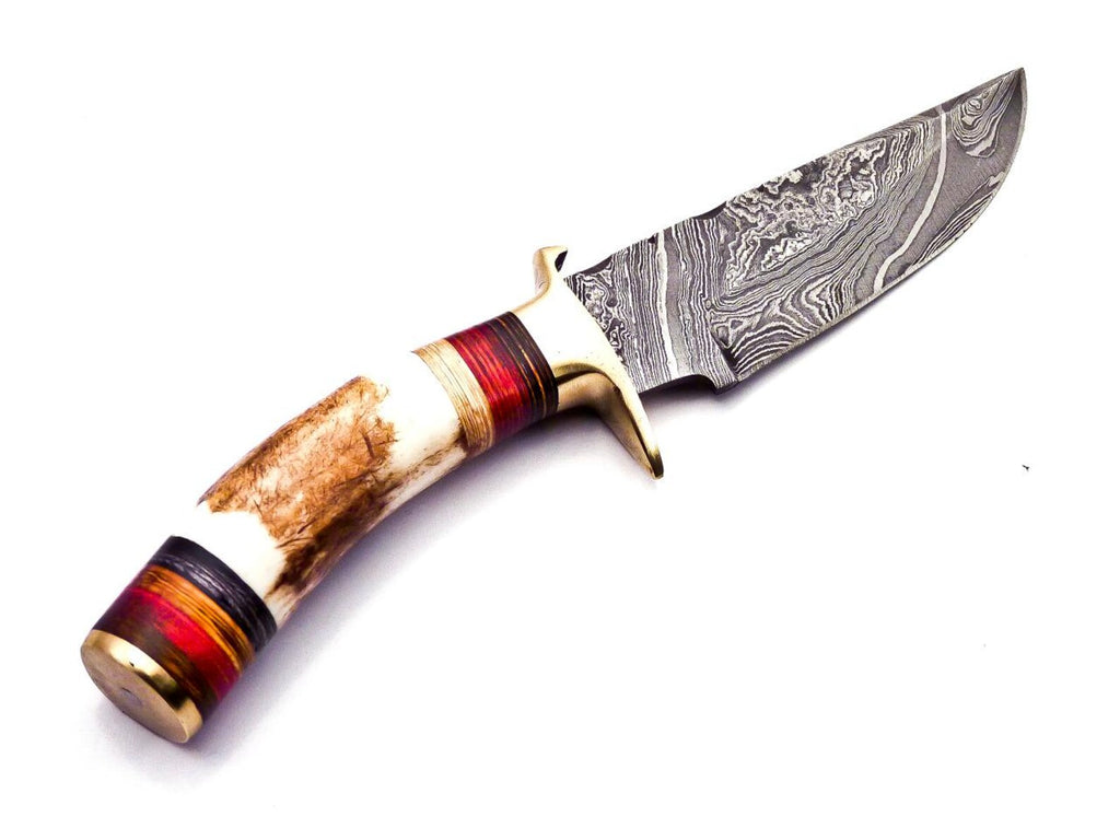 Personalized 6.5 inch Damascus Steel Hunting knife Handle Deer Antler W leather Cover