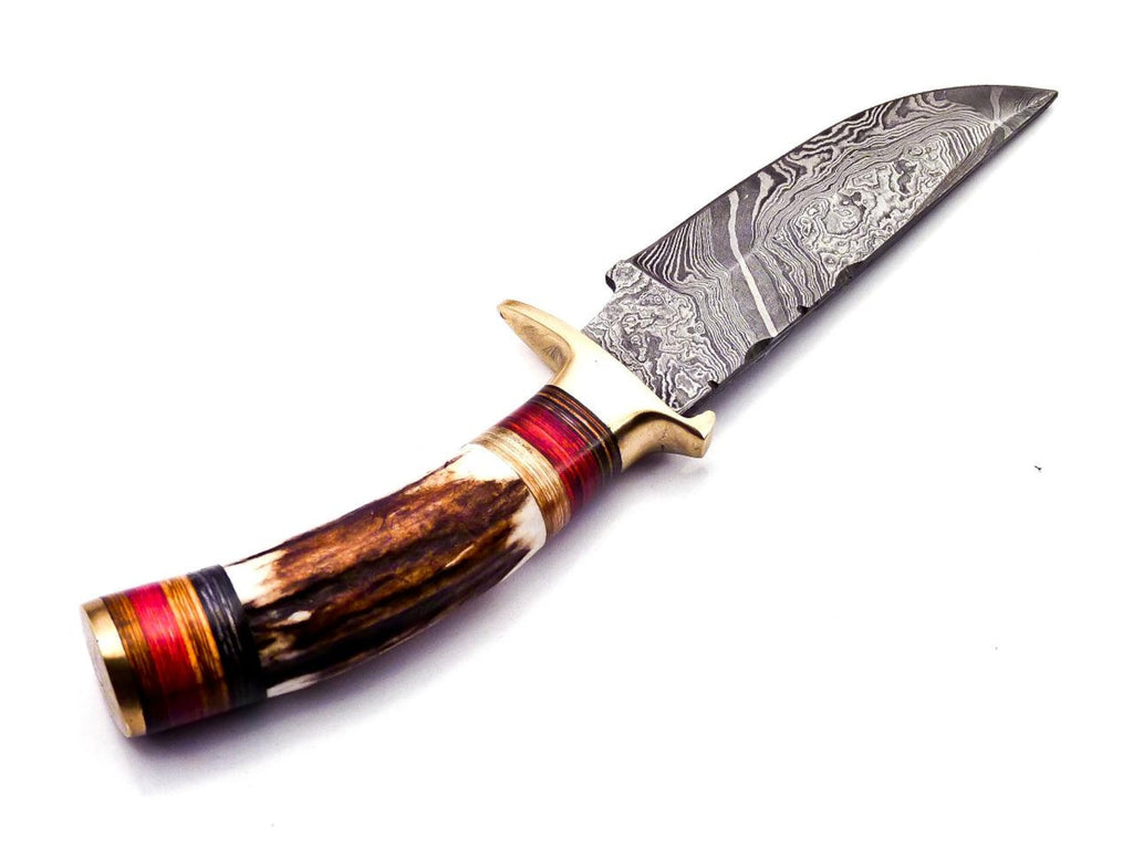 Personalized 6.5 inch Damascus Steel Hunting knife Handle Deer Antler W leather Cover