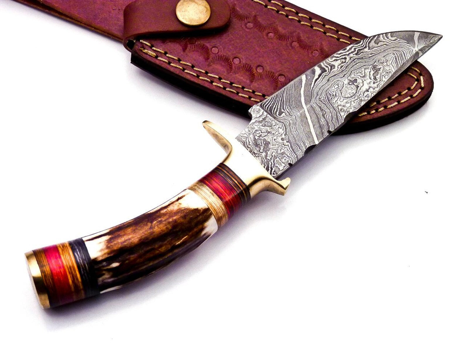Personalized 6.5 inch Damascus Steel Hunting knife Handle Deer Antler W leather Cover