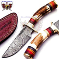 Personalized 6.5 inch Damascus Steel Hunting knife Handle Deer Antler W leather Cover