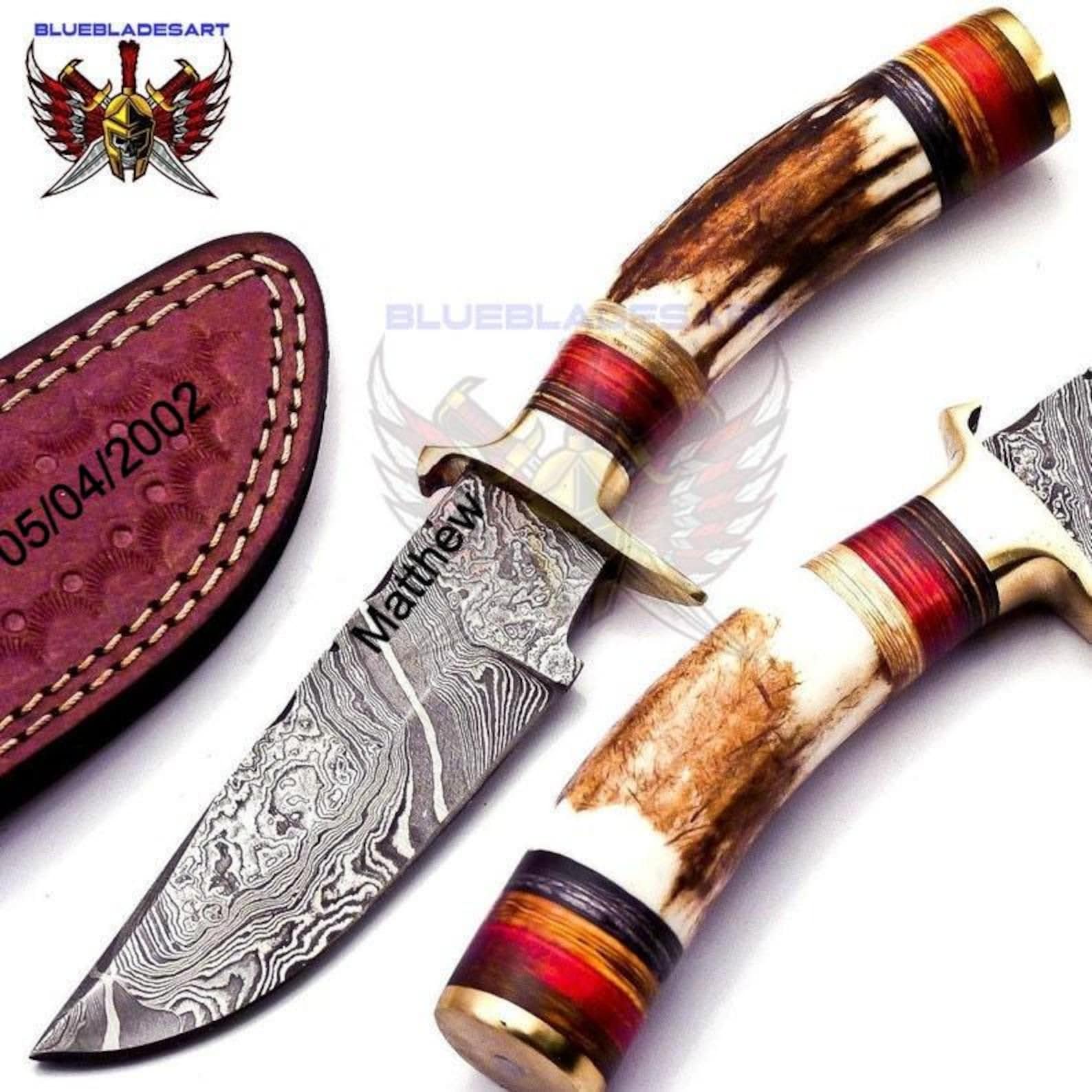 Personalized 6.5 inch Damascus Steel Hunting knife Handle Deer Antler W leather Cover