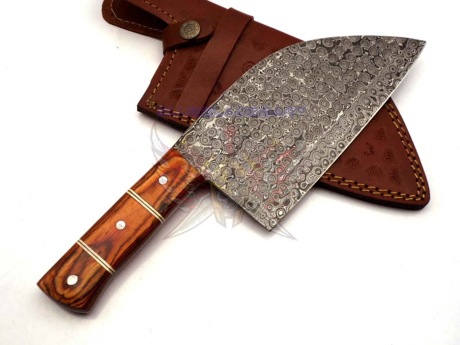 Personalized Damascus Steel Cleaver Chopper Chef Kitchen Knife Heavy Duty Damascus Handle Walnut Wood with Leather Sheath