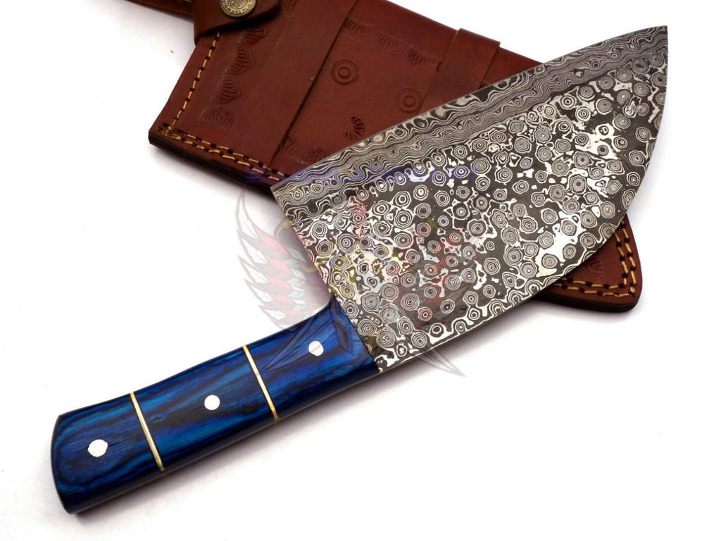 Personalized Damascus Steel Cleaver Chopper Chef Kitchen Knife Heavy Duty Damascus Handle Walnut Wood with Leather Sheath